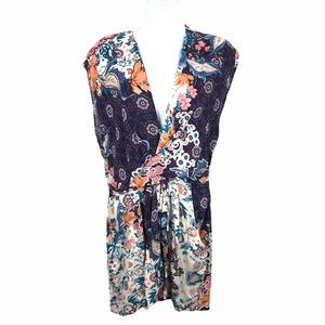 NWT Three Days Surplice Front Floral Print Tunic Medium Cap Sleeves Semi Sheer